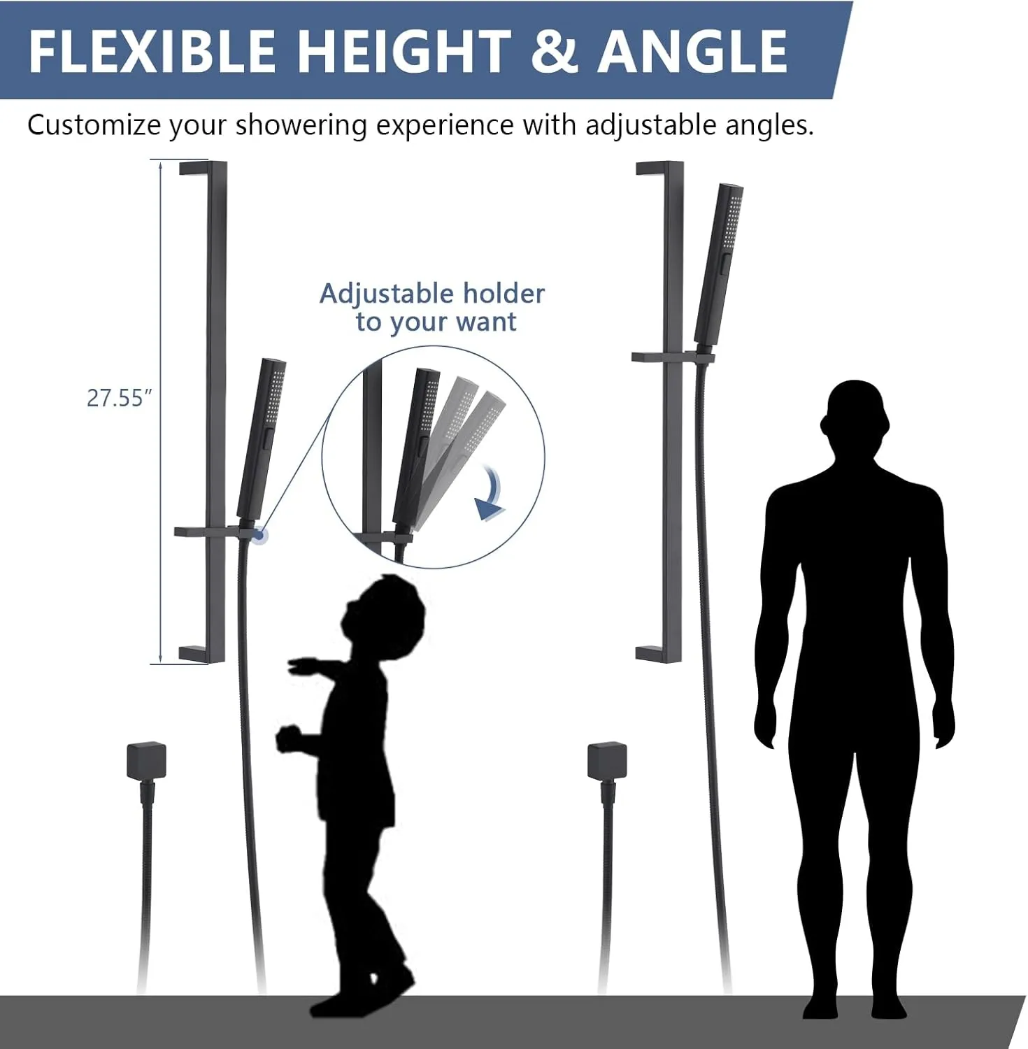Handheld Shower Head with Slide Bar Combo, 27.5-Inch Adjustable Height Slide Bar, High Perssure Handheld Shower Head with 6.6ft Extra Long Hose, Brass Wall Supply Elbow, Matte Black