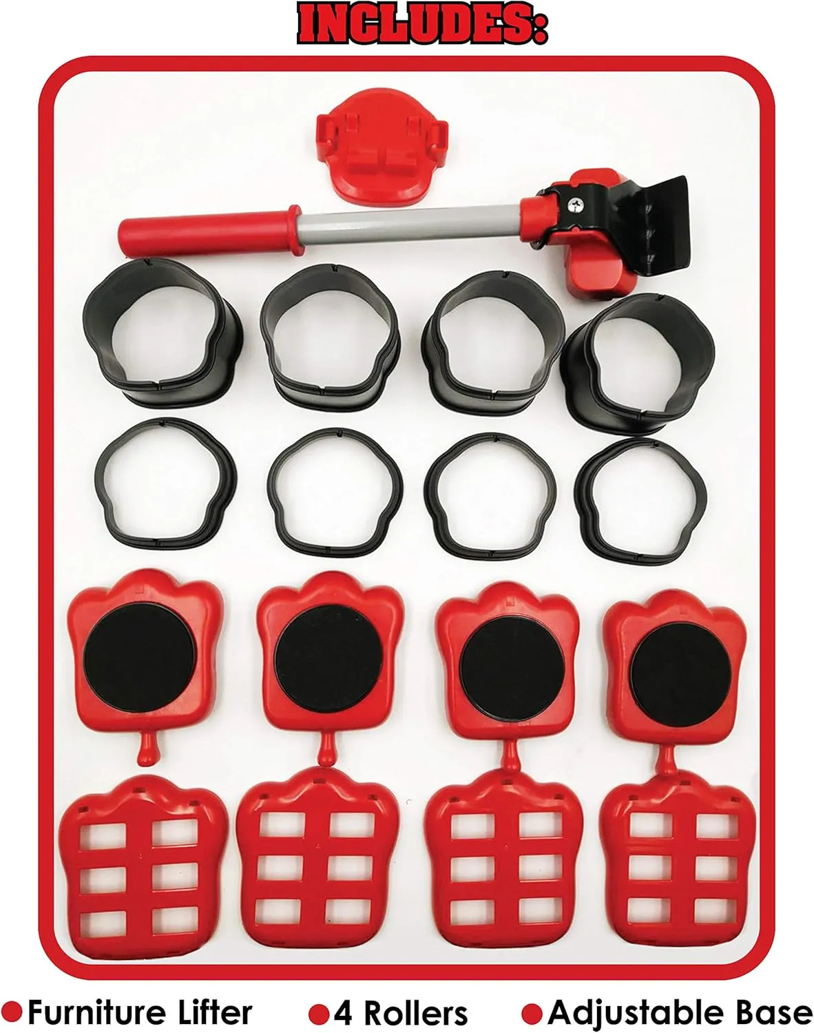 Heavy Duty Furniture Lifter with 4 Sliders for Easy Moving, Appliance Roller Suitable for Sofas, Couches and Refrigerators, Adjustable Height [Load Capacity: 660lbs Per Wheel], Red