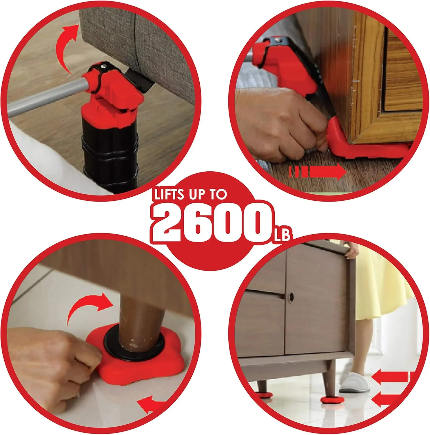 Heavy Duty Furniture Lifter with 4 Sliders for Easy Moving, Appliance Roller Suitable for Sofas, Couches and Refrigerators, Adjustable Height [Load Capacity: 660lbs Per Wheel], Red