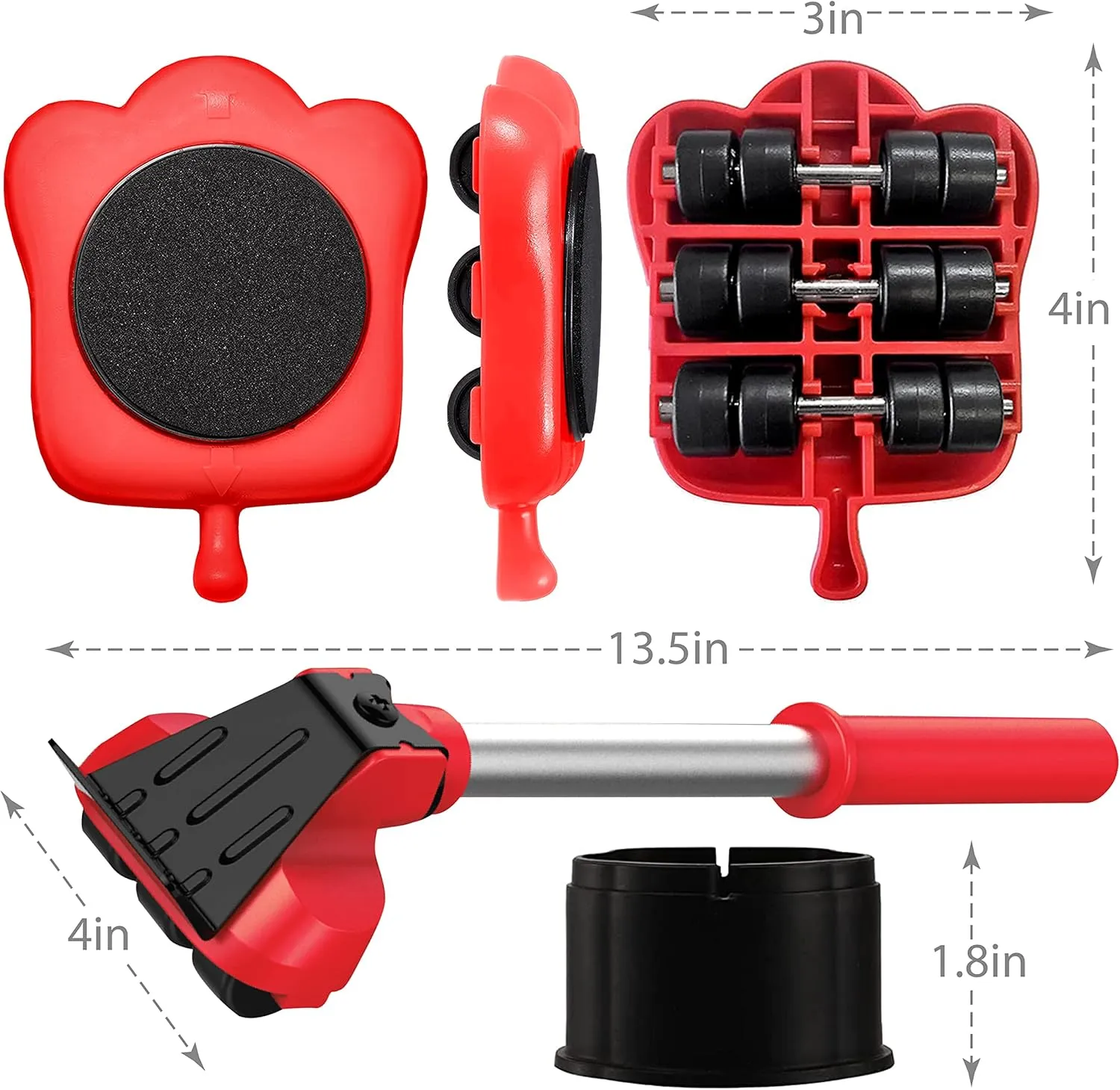 Heavy Duty Furniture Lifter with 4 Sliders for Easy Moving, Appliance Roller Suitable for Sofas, Couches and Refrigerators, Adjustable Height [Load Capacity: 660lbs Per Wheel], Red