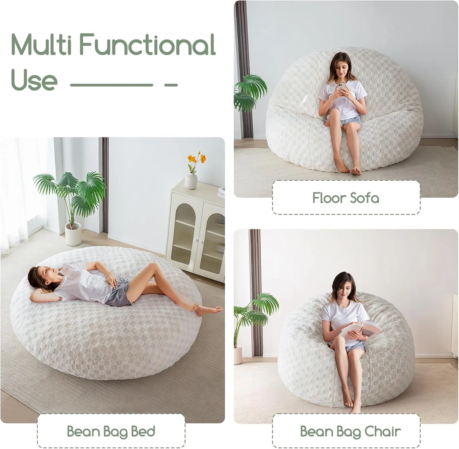 HIGOGOGO 3 in 1 Bean Bag Chair, Giant Loveseat Convertible Lounger for Adult with Filler Included in Bedroom Dorm Room, 71x71 Inch, Beige