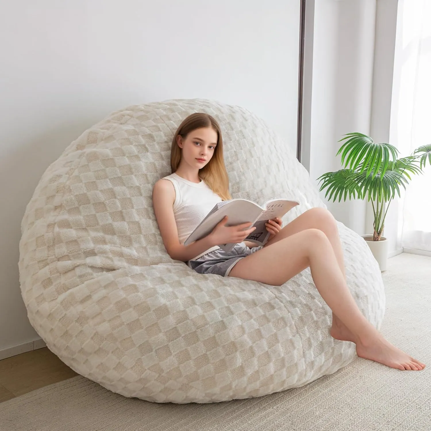 HIGOGOGO 3 in 1 Bean Bag Chair, Giant Loveseat Convertible Lounger for Adult with Filler Included in Bedroom Dorm Room, 71x71 Inch, Beige