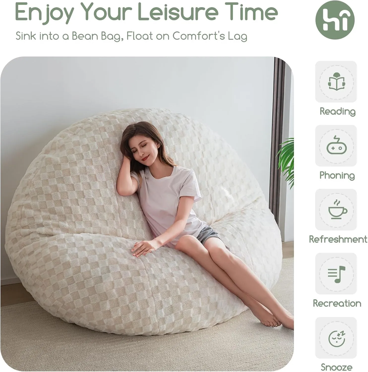 HIGOGOGO 3 in 1 Bean Bag Chair, Giant Loveseat Convertible Lounger for Adult with Filler Included in Bedroom Dorm Room, 71x71 Inch, Beige