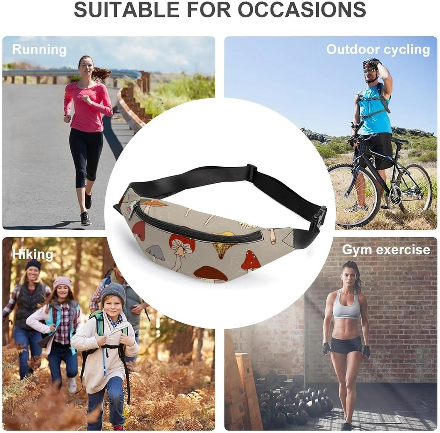 Inedible Mushrooms Large Crossbody Fanny Packfor Women Men Waist Pack for Running with Adjustable Strap for Sports Casual Bag 36 * 15cm