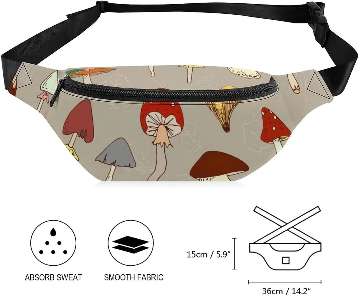 Inedible Mushrooms Large Crossbody Fanny Packfor Women Men Waist Pack for Running with Adjustable Strap for Sports Casual Bag 36 * 15cm
