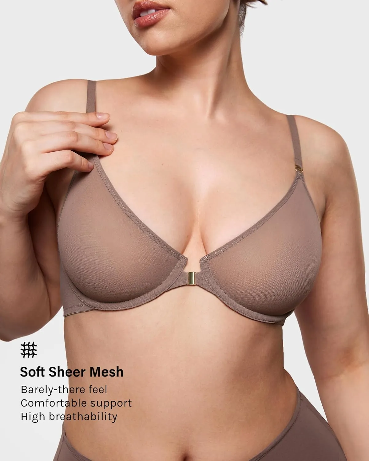 INLYRIC Women's Cosnufy Sheer Front Closure Bra - Demi Sexy Seamless Unlined No Padding Mesh Underwire Bra