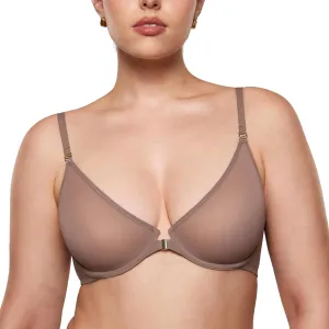 INLYRIC Women's Cosnufy Sheer Front Closure Bra - Demi Sexy Seamless Unlined No Padding Mesh Underwire Bra