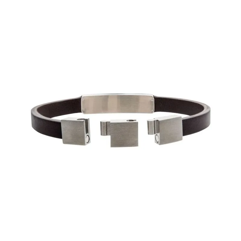INOX Jewelry Brown Leather with Steel Streamline ID Bracelet