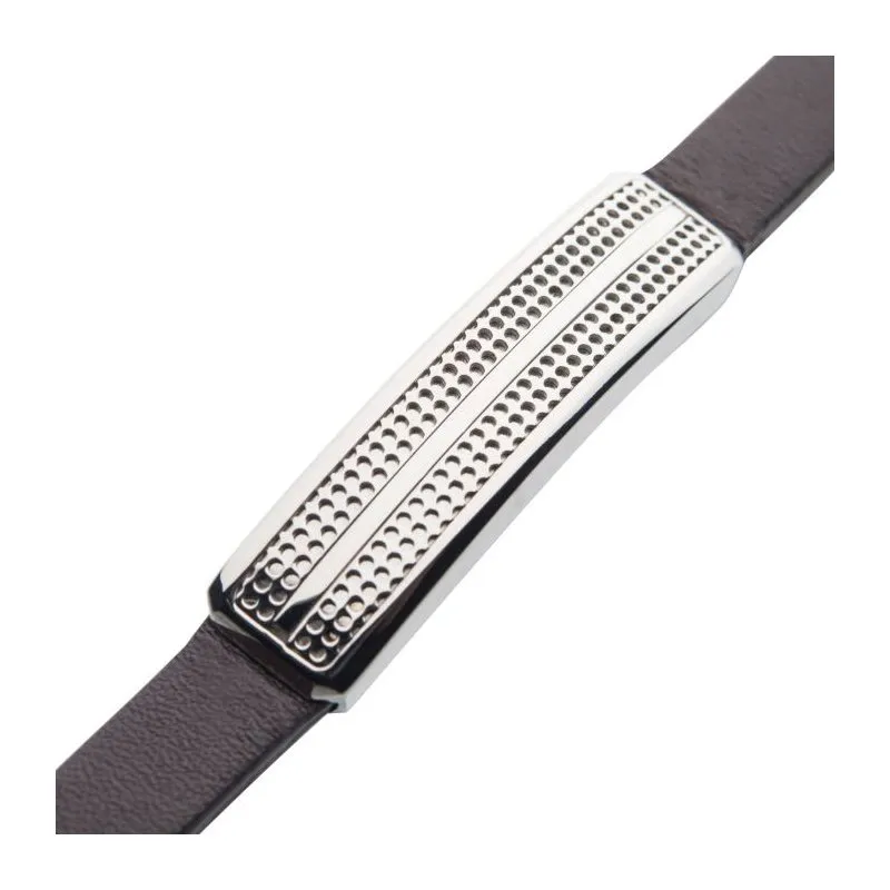 INOX Jewelry Brown Leather with Steel Streamline ID Bracelet