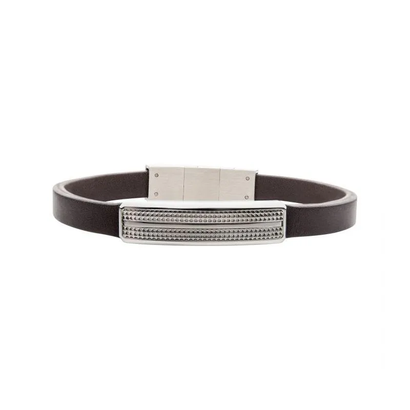 INOX Jewelry Brown Leather with Steel Streamline ID Bracelet