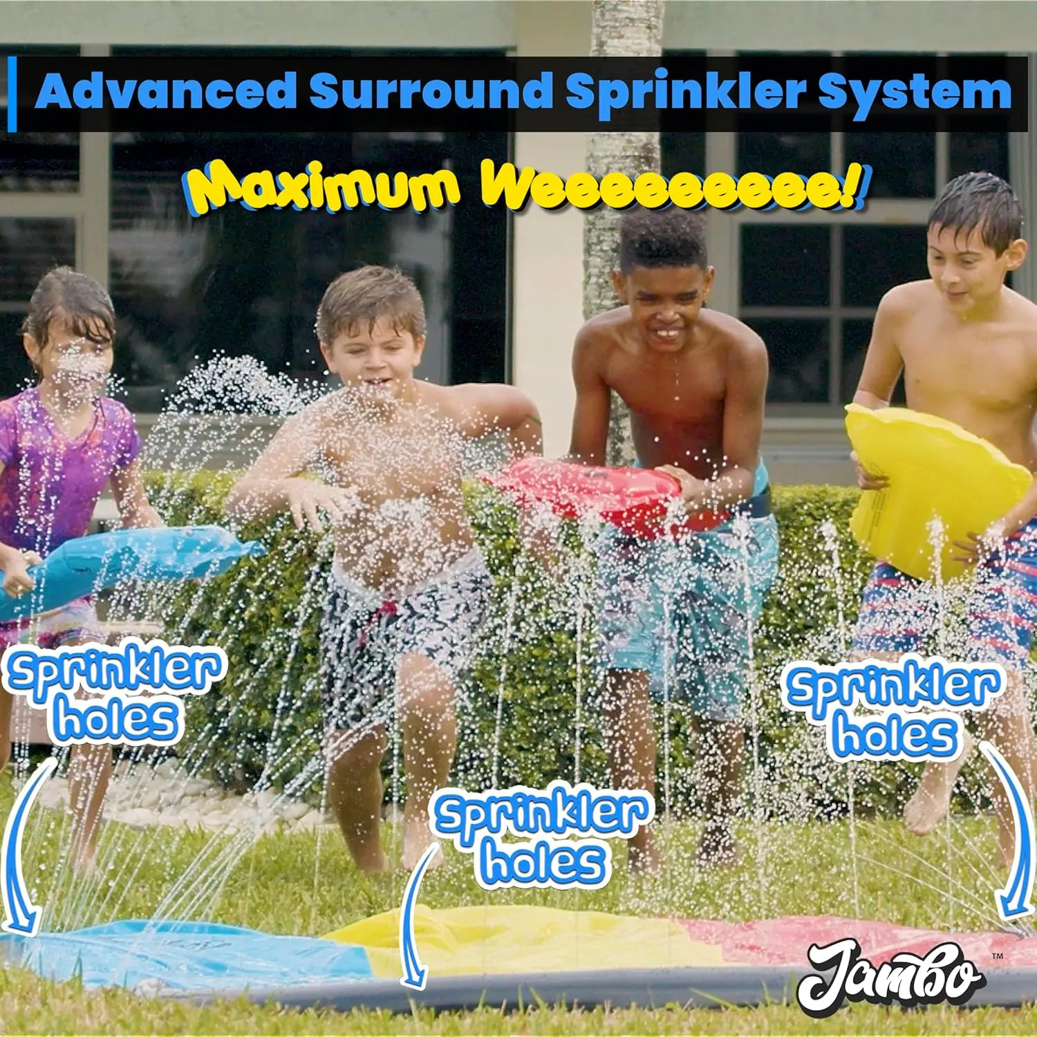 JAMBO 16Ft Updated Model 3 Lane Slip Splash & Slide w/Bodyboards, Heavy Duty Waterslide - 3-Way Sprinkler System, Splash Mat Pad, Backyard Outdoor Water Toys n Slides for Kids