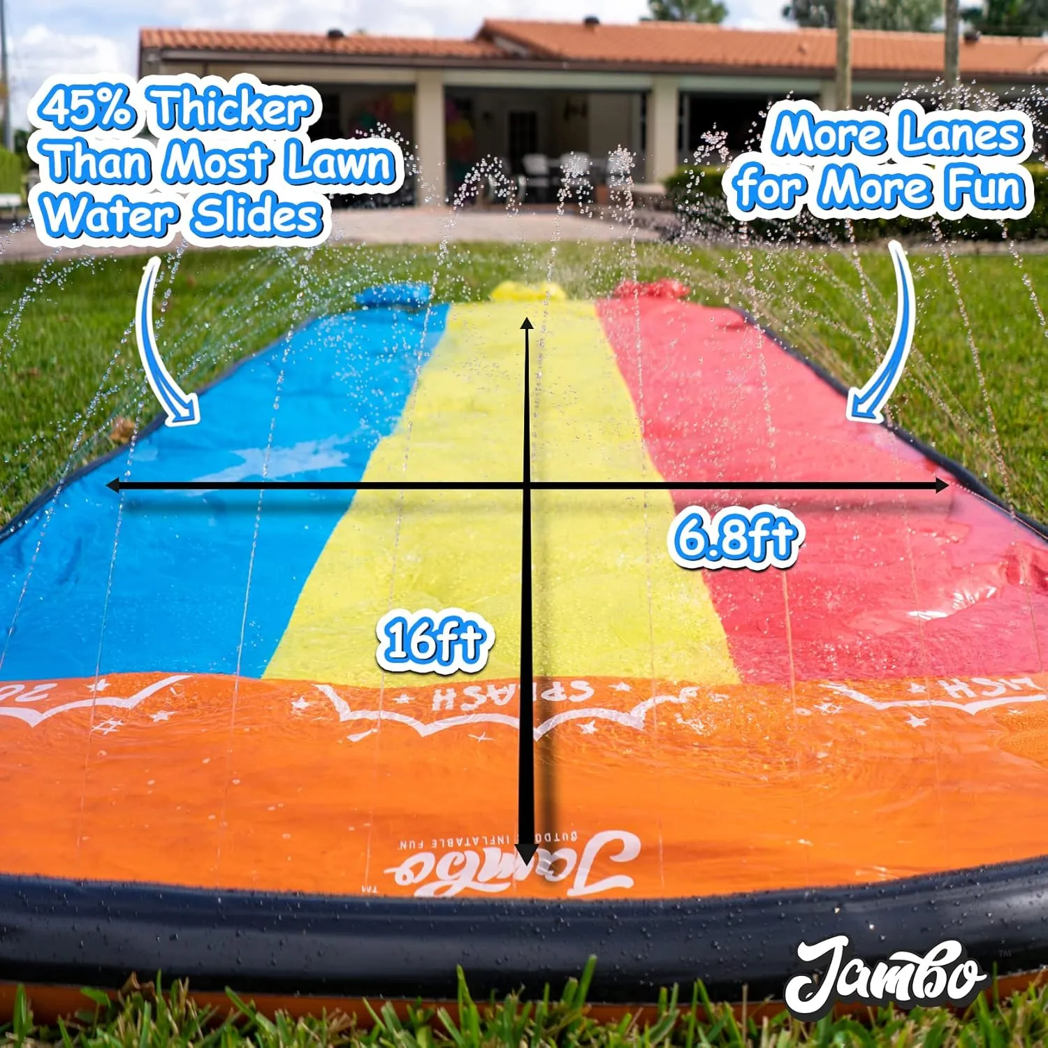 JAMBO 16Ft Updated Model 3 Lane Slip Splash & Slide w/Bodyboards, Heavy Duty Waterslide - 3-Way Sprinkler System, Splash Mat Pad, Backyard Outdoor Water Toys n Slides for Kids