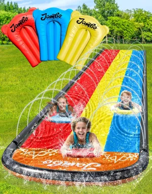 JAMBO 16Ft Updated Model 3 Lane Slip Splash & Slide w/Bodyboards, Heavy Duty Waterslide - 3-Way Sprinkler System, Splash Mat Pad, Backyard Outdoor Water Toys n Slides for Kids