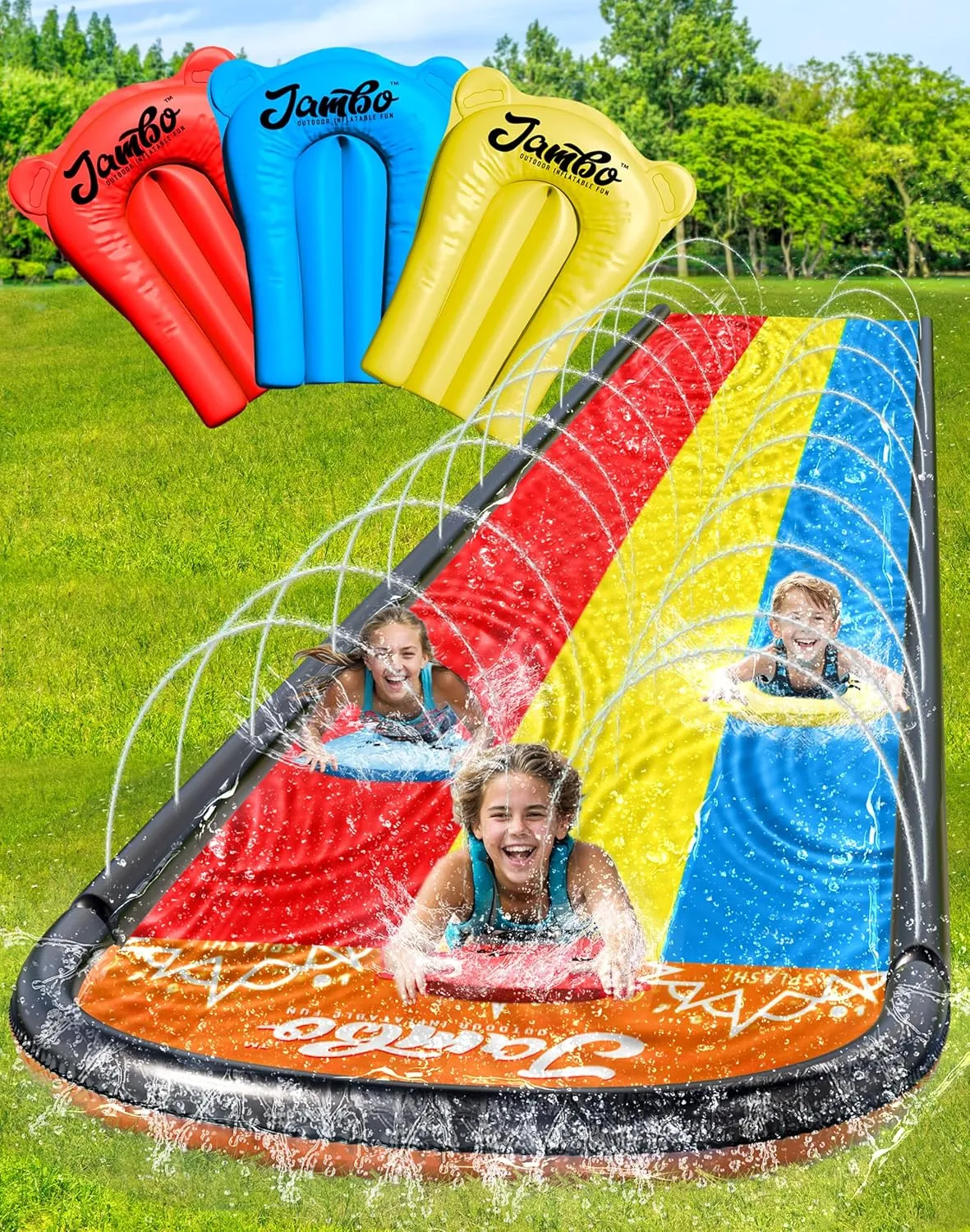 JAMBO 16Ft Updated Model 3 Lane Slip Splash & Slide w/Bodyboards, Heavy Duty Waterslide - 3-Way Sprinkler System, Splash Mat Pad, Backyard Outdoor Water Toys n Slides for Kids