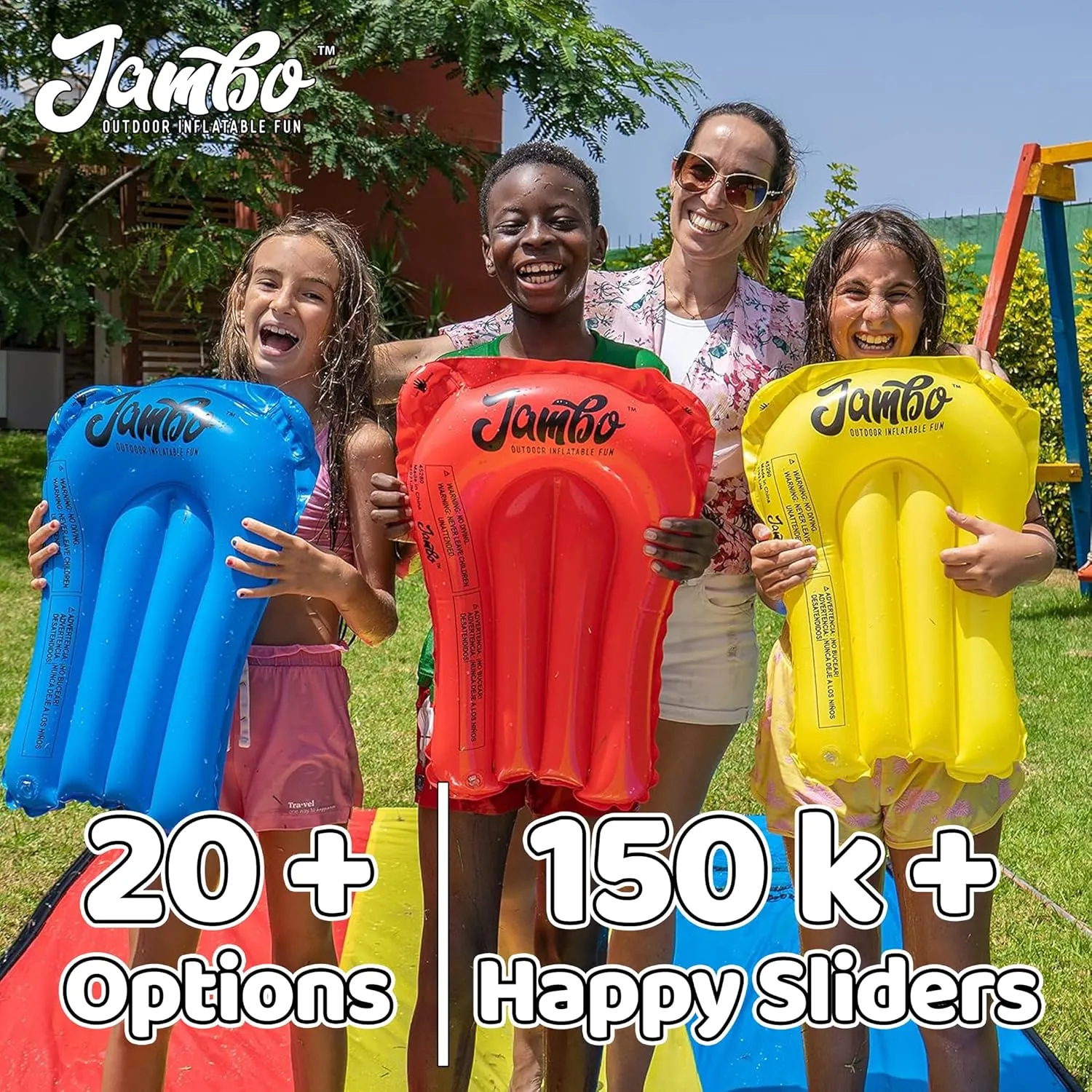 JAMBO 25Ft Premium Slip Splash and Slide with 3 Bodyboards, Heavy Duty Water Slide- Advanced 3-Way Sprinkler System, Splash Mat Splash Pad Backyard Waterslide Outdoor Water Toys n Slides for Kids