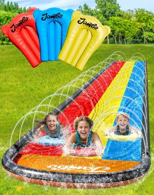 JAMBO Updated 16Ft 3 Lane Slip Splash & Slide w/Bodyboards, Heavy Duty Waterslide - 3-Way Sprinkler System, Splash Mat Pad, Backyard Outdoor Water Toys n Slides for Kids