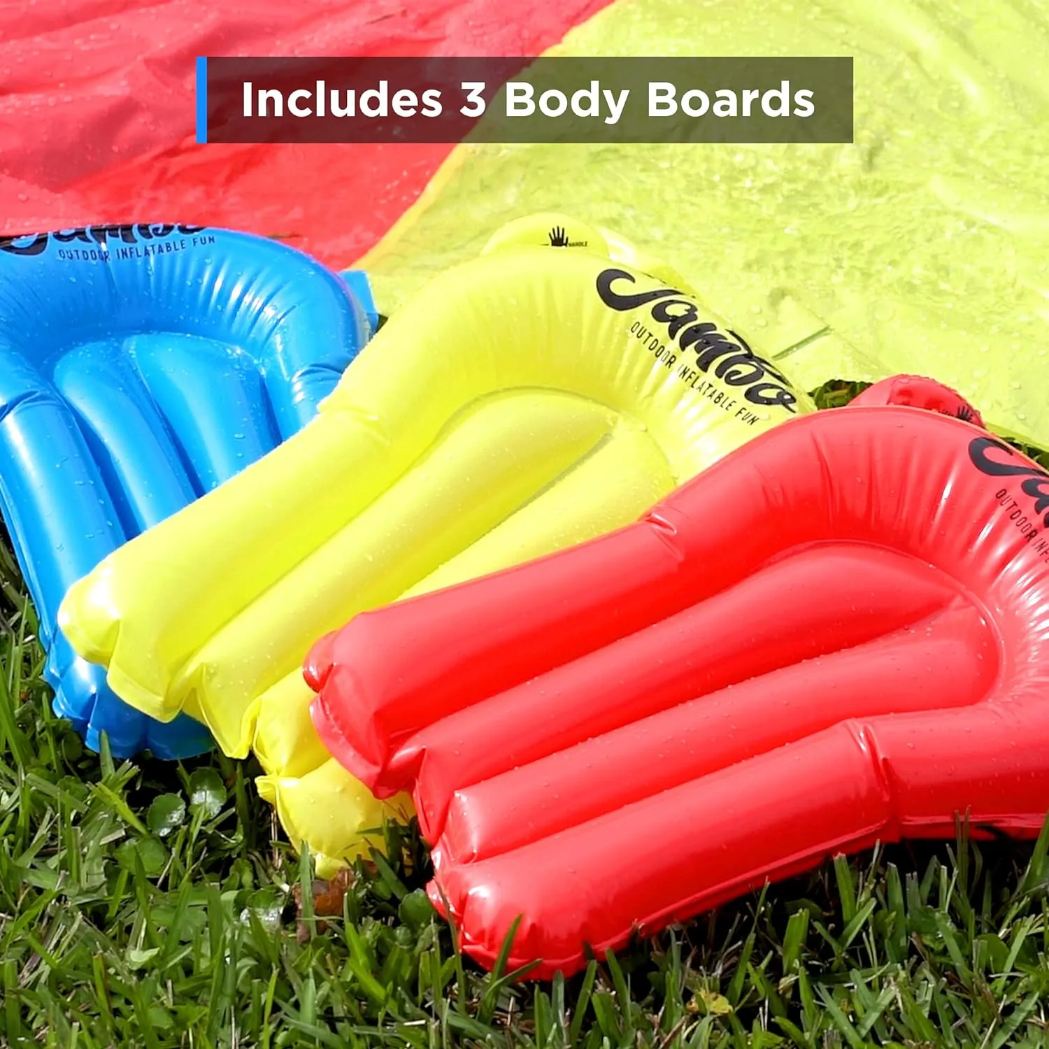 JAMBO Updated 16Ft 3 Lane Slip Splash & Slide w/Bodyboards, Heavy Duty Waterslide - 3-Way Sprinkler System, Splash Mat Pad, Backyard Outdoor Water Toys n Slides for Kids