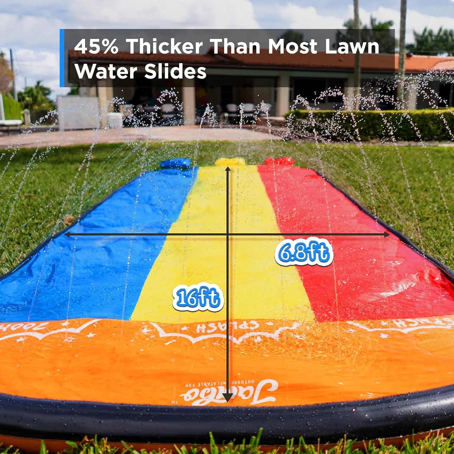 JAMBO Updated 16Ft 3 Lane Slip Splash & Slide w/Bodyboards, Heavy Duty Waterslide - 3-Way Sprinkler System, Splash Mat Pad, Backyard Outdoor Water Toys n Slides for Kids
