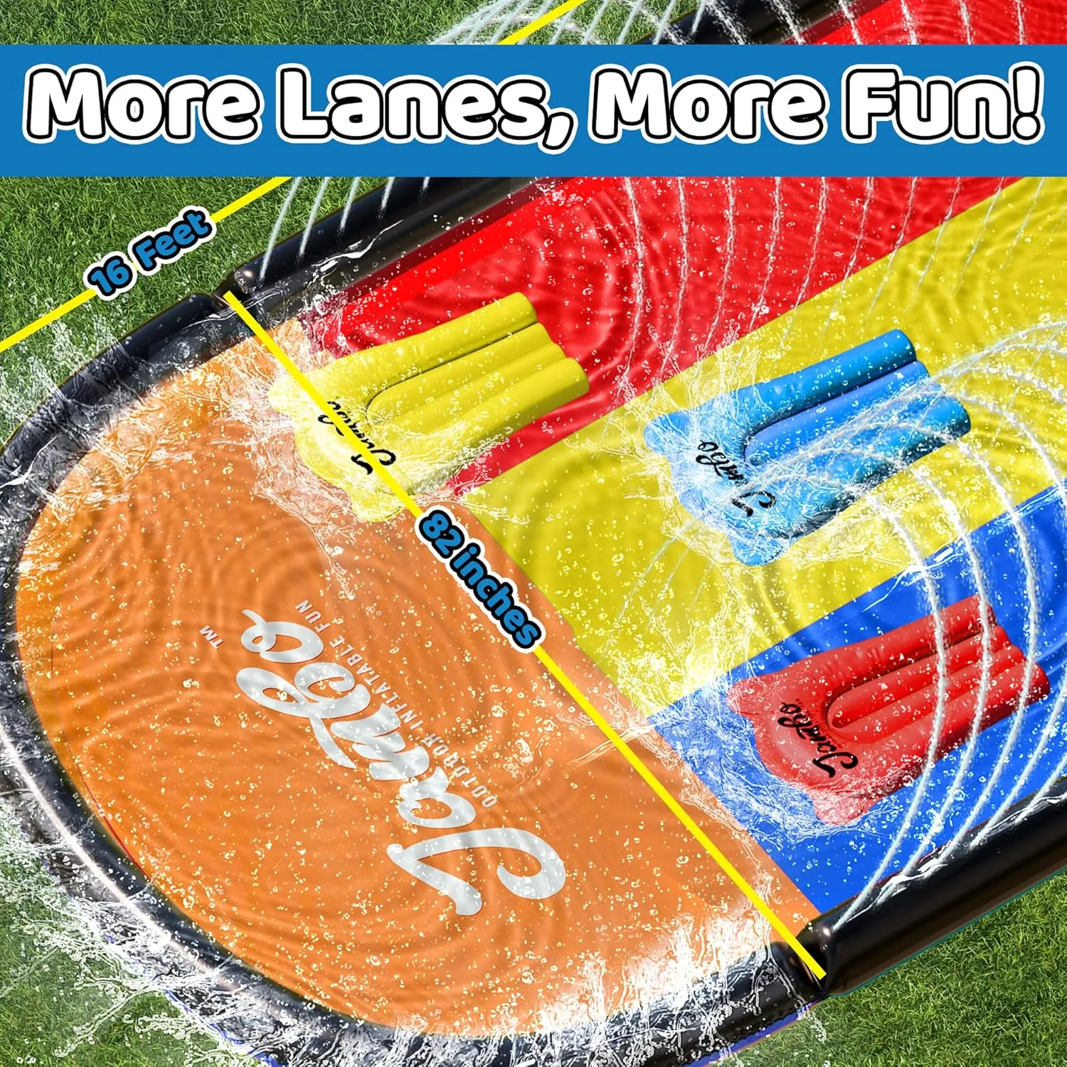 JAMBO Updated 16Ft 3 Lane Slip Splash & Slide w/Bodyboards, Heavy Duty Waterslide - 3-Way Sprinkler System, Splash Mat Pad, Backyard Outdoor Water Toys n Slides for Kids