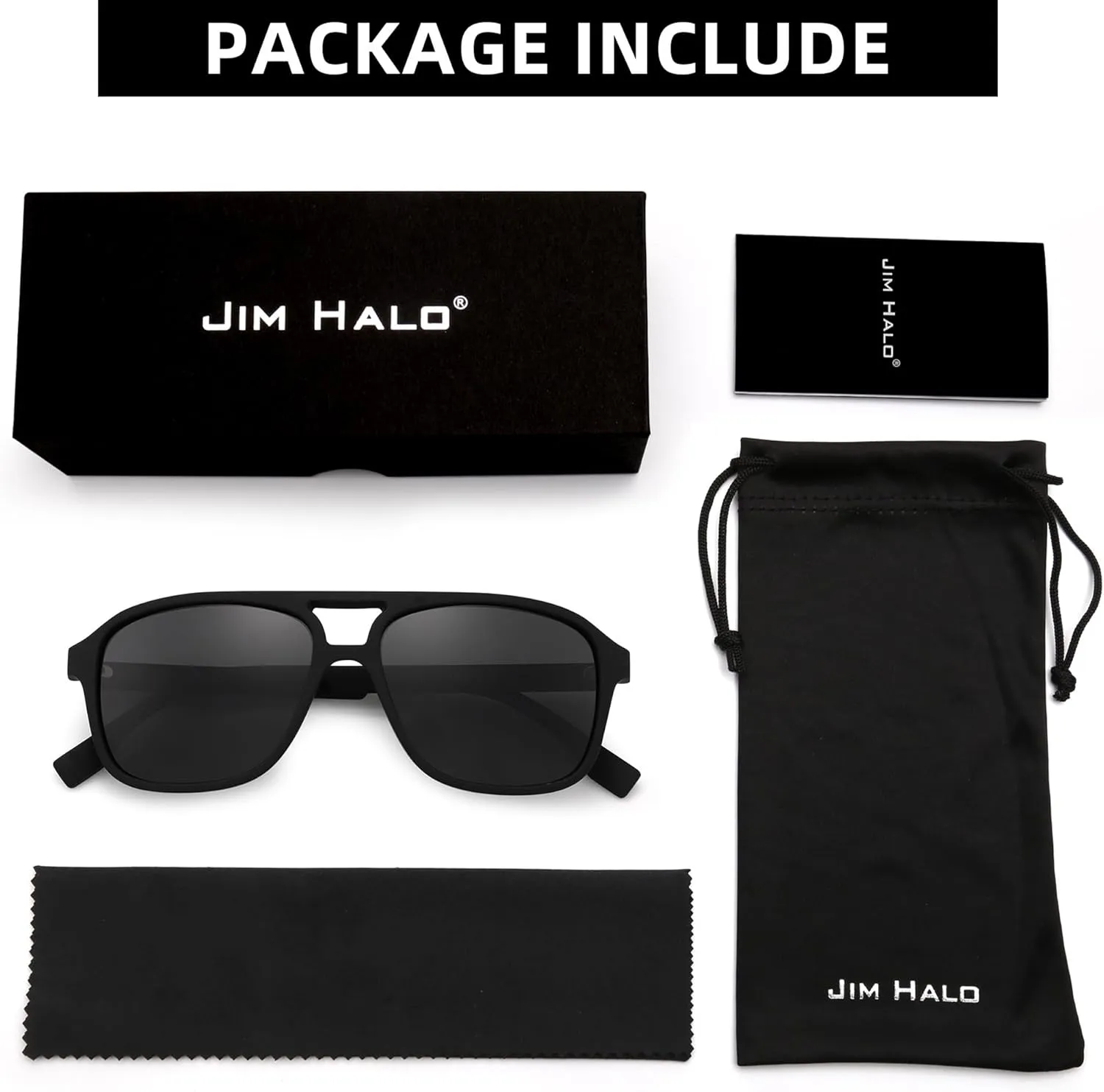JIM HALO Polarized Aviator Sunglasses Men Women Vintage Square Driving Glasses (Matte Black Frame/Polarized Grey Lens)