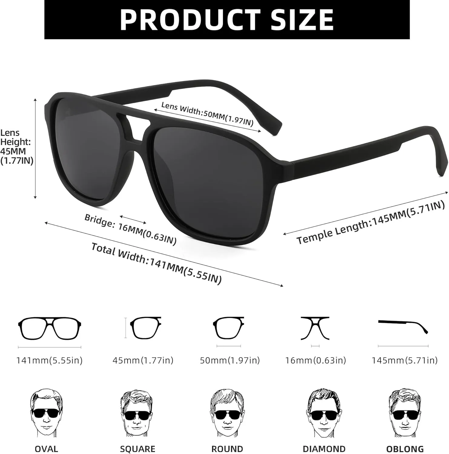 JIM HALO Polarized Aviator Sunglasses Men Women Vintage Square Driving Glasses (Matte Black Frame/Polarized Grey Lens)