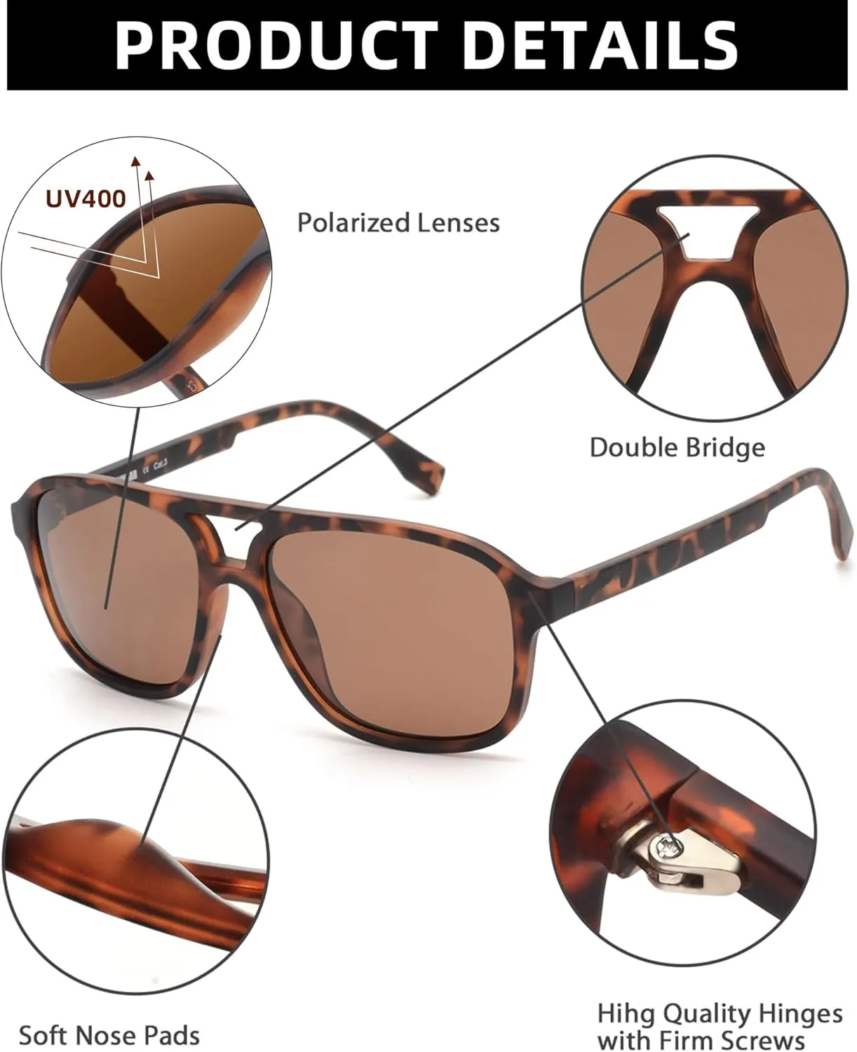 JIM HALO Polarized Aviator Sunglasses Men Women Vintage Square Driving Glasses (Tortoise Frame/Polarized Brown Lens)