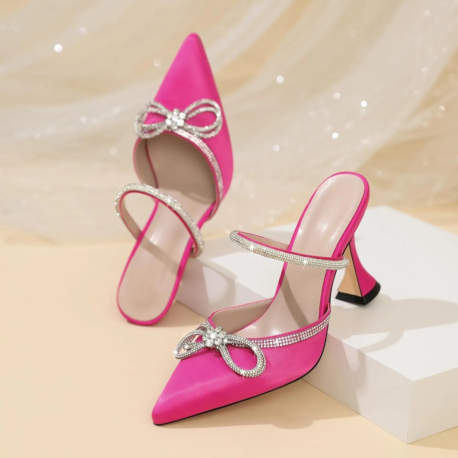 Joseywade Rhinstone Bow Mule Heels High Heels Closed Pointed Toe Spool Heel Slip-on Sandals 3.5" Wedding Crystal Ankle Strap Backless Shoes For Bridal Bridesmaid Engagement
