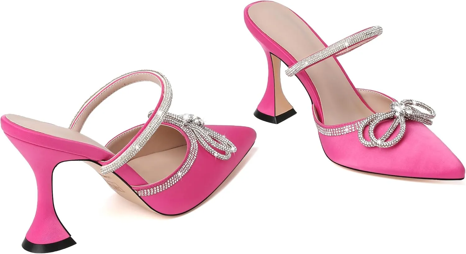 Joseywade Rhinstone Bow Mule Heels High Heels Closed Pointed Toe Spool Heel Slip-on Sandals 3.5" Wedding Crystal Ankle Strap Backless Shoes For Bridal Bridesmaid Engagement