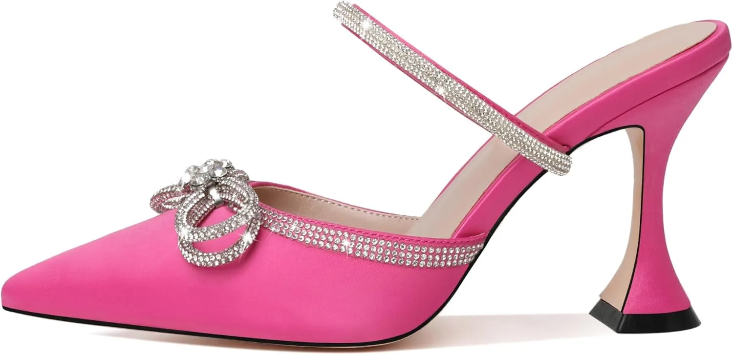 Joseywade Rhinstone Bow Mule Heels High Heels Closed Pointed Toe Spool Heel Slip-on Sandals 3.5" Wedding Crystal Ankle Strap Backless Shoes For Bridal Bridesmaid Engagement