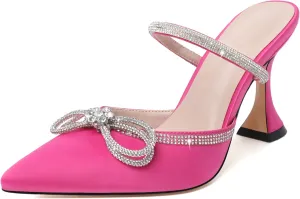Joseywade Rhinstone Bow Mule Heels High Heels Closed Pointed Toe Spool Heel Slip-on Sandals 3.5" Wedding Crystal Ankle Strap Backless Shoes For Bridal Bridesmaid Engagement