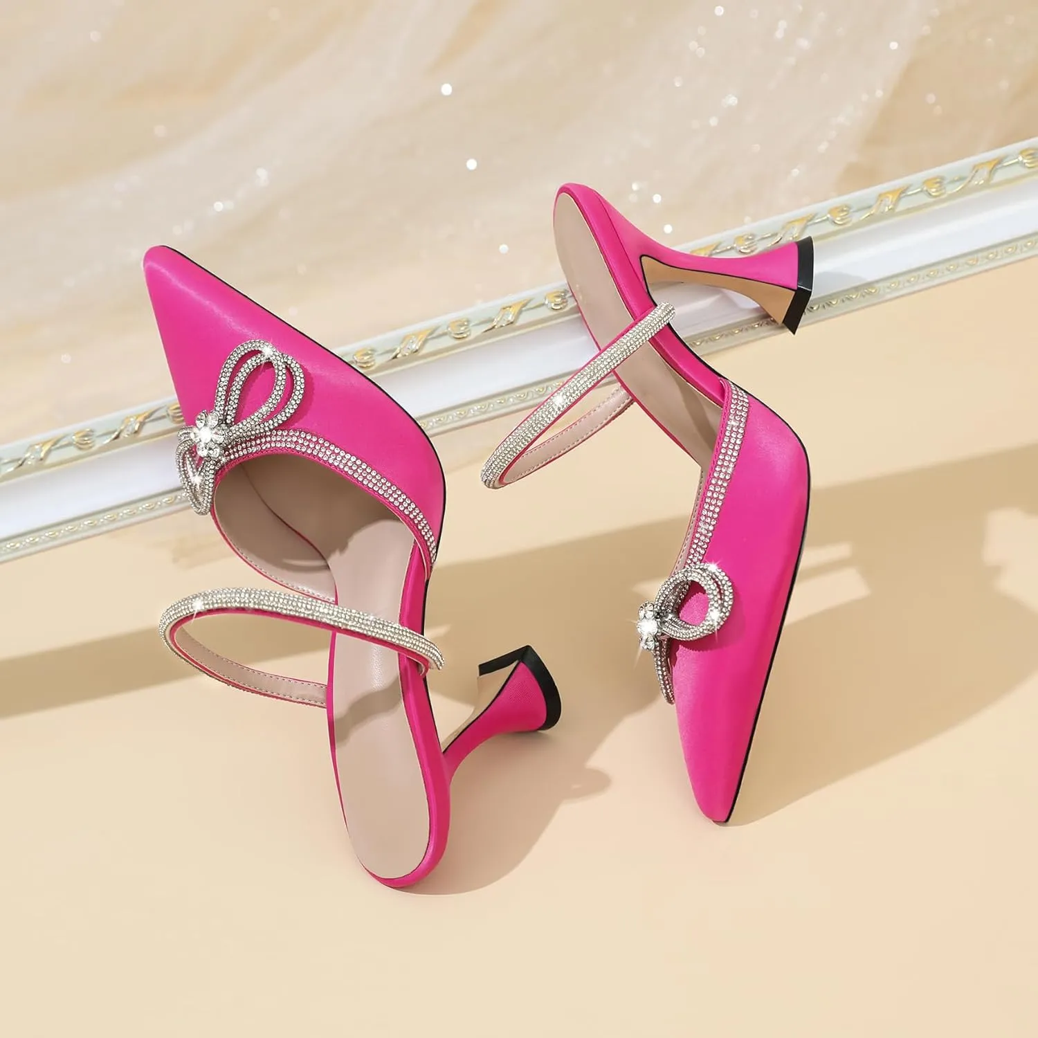 Joseywade Rhinstone Bow Mule Heels High Heels Closed Pointed Toe Spool Heel Slip-on Sandals 3.5" Wedding Crystal Ankle Strap Backless Shoes For Bridal Bridesmaid Engagement