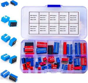 JTSNERU Dual Row DIP Switch Assorted Kit 2.54MM Pitch 1P 2P 3P 4P 5P 6P 7P 8P 9P 10P Red & Blue On Off DIP Switches for PCB Mount Breadboard Circuit (JTS-Red-Blue