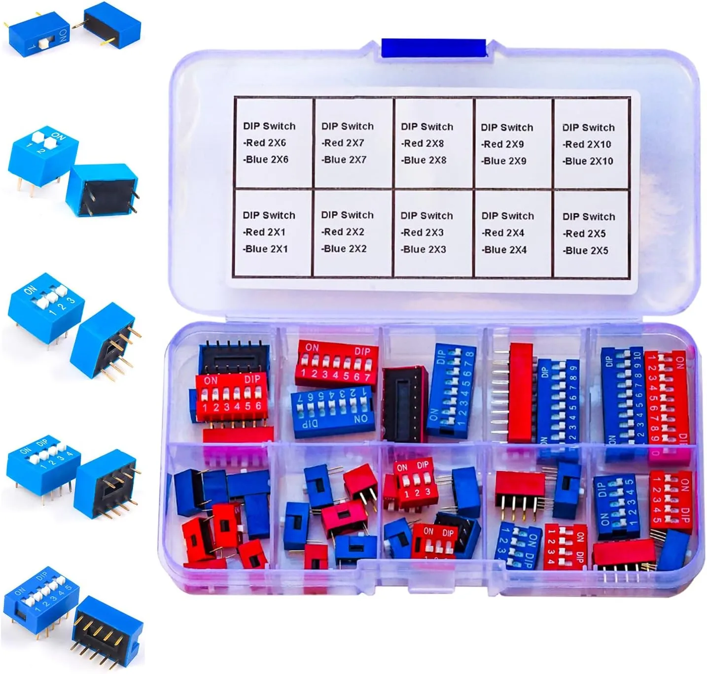 JTSNERU Dual Row DIP Switch Assorted Kit 2.54MM Pitch 1P 2P 3P 4P 5P 6P 7P 8P 9P 10P Red & Blue On Off DIP Switches for PCB Mount Breadboard Circuit (JTS-Red-Blue