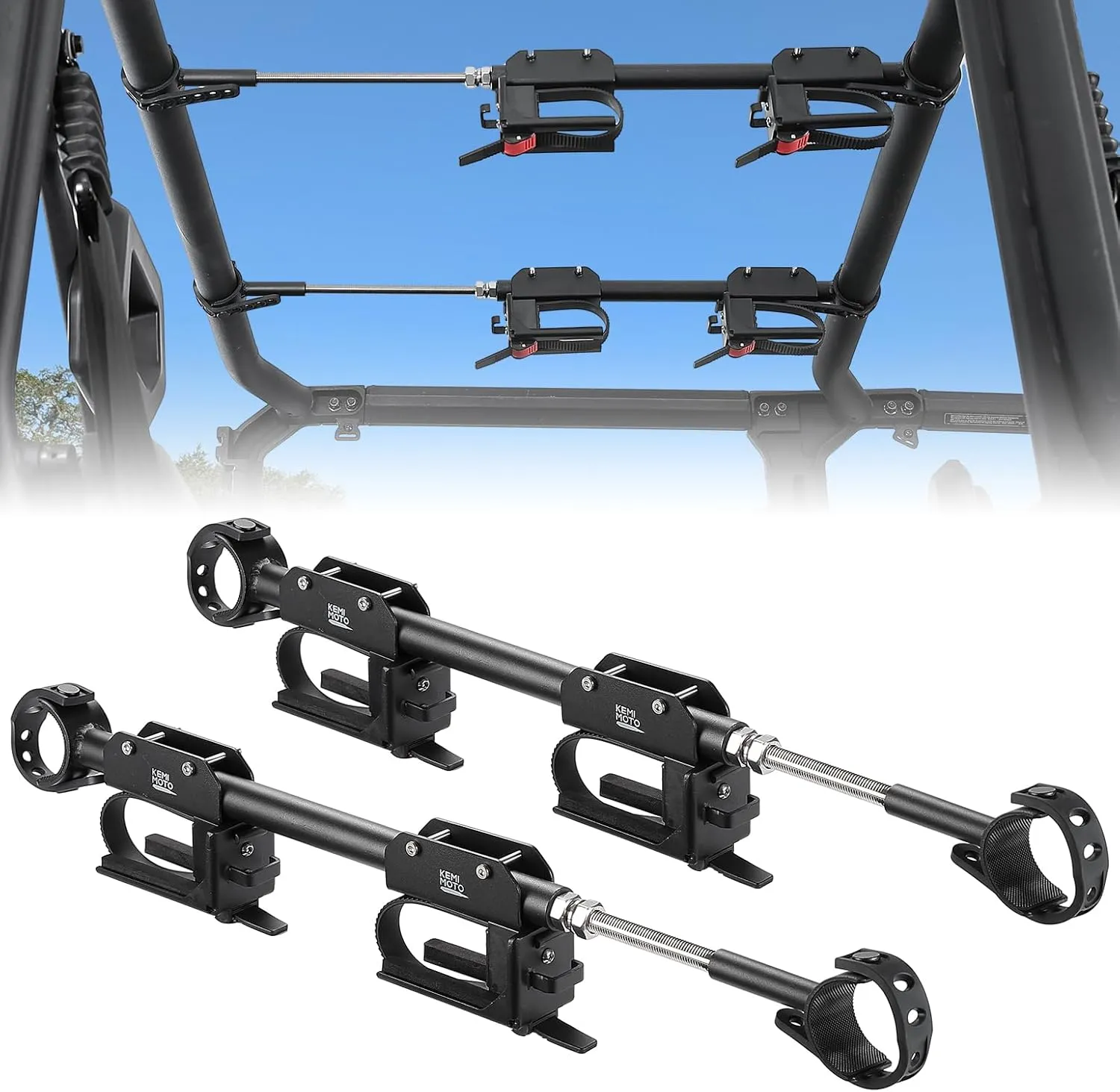 KEMIMOTO Upgraded UTV Overhead Hunting Tool Holder Rack, Hunting Tool Holder Roof Mounted Bow Rack for 21 in - 28 in Roll Bars Depth (Front to Back) Compatible with Polaris Ranger