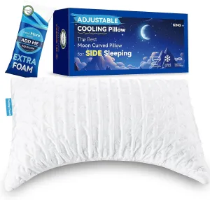 King Cooling Side Sleeper Pillow for Neck and Shoulder Pain, Adjustable Shredded Memory Foam Cervical Pillow, Ergonomic Curved Bed Pillow, Extra Fill Included