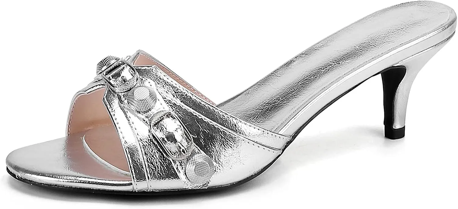 Kluolandi Women's Stiletto Heel Mules Sandals Studded Open Toe Slip On Kitten Heels Fashion Wedding Dress Slipper Slide