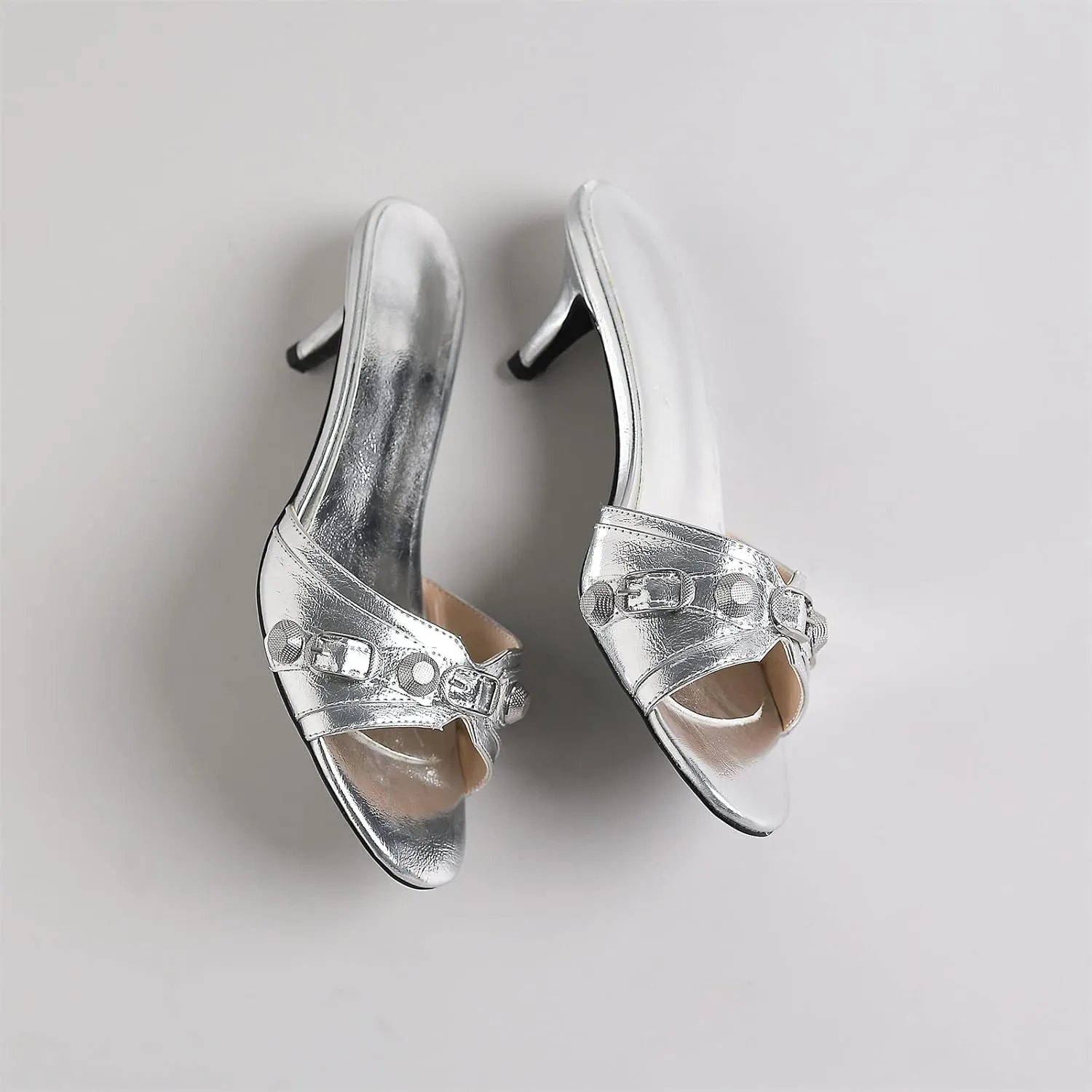 Kluolandi Women's Stiletto Heel Mules Sandals Studded Open Toe Slip On Kitten Heels Fashion Wedding Dress Slipper Slide