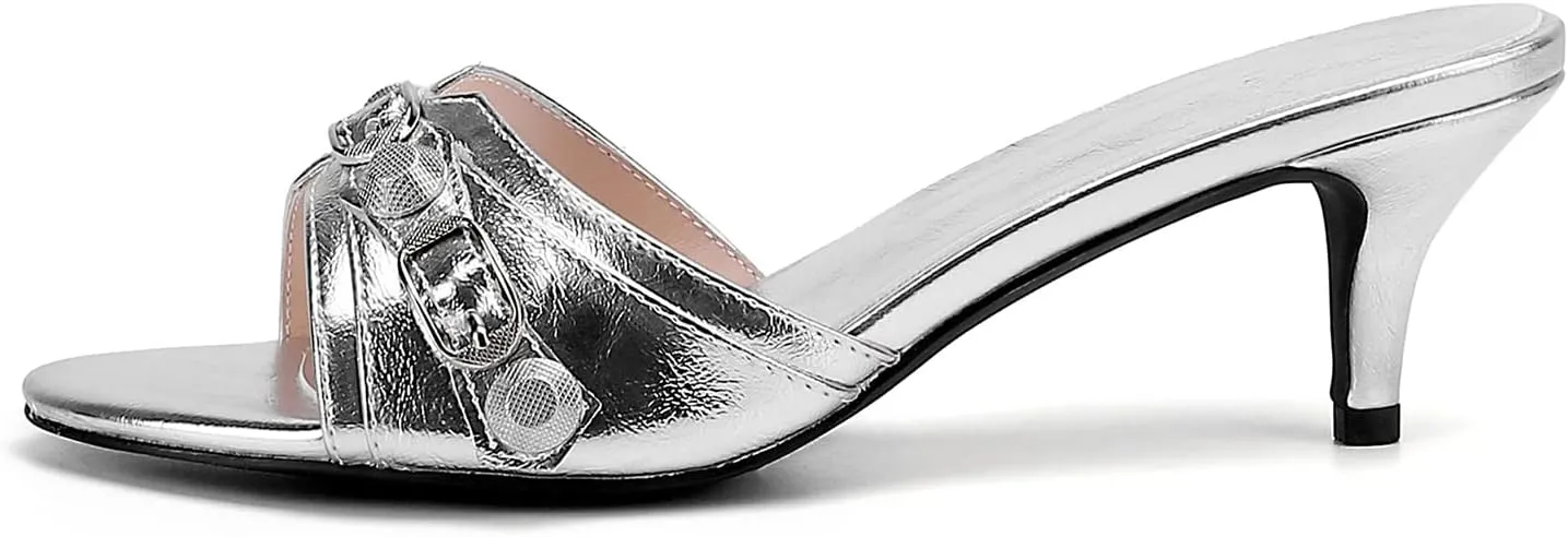 Kluolandi Women's Stiletto Heel Mules Sandals Studded Open Toe Slip On Kitten Heels Fashion Wedding Dress Slipper Slide