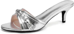 Kluolandi Women's Stiletto Heel Mules Sandals Studded Open Toe Slip On Kitten Heels Fashion Wedding Dress Slipper Slide