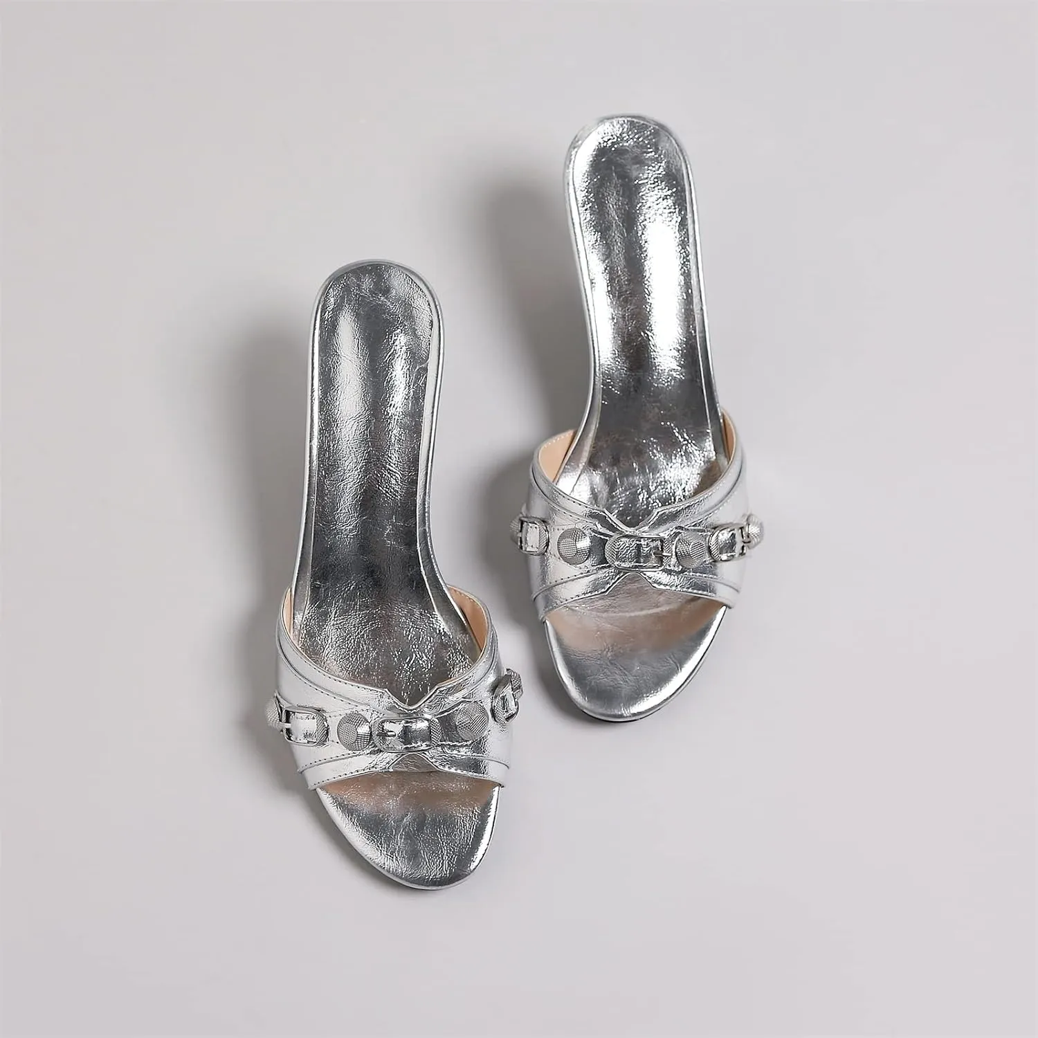 Kluolandi Women's Stiletto Heel Mules Sandals Studded Open Toe Slip On Kitten Heels Fashion Wedding Dress Slipper Slide