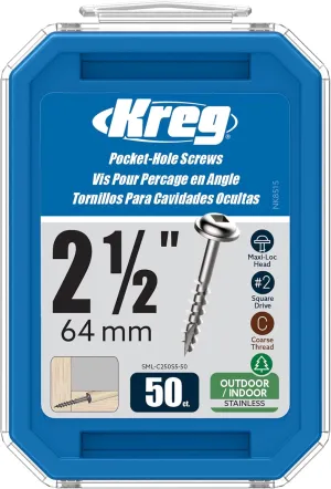 Kreg SML-C250S5-50 Stainless Steel Pocket Screws, 2-1/2 Inch #10 Coarse, Maxi-Loc Head (50 Count)