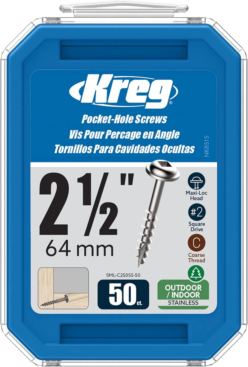 Kreg SML-C250S5-50 Stainless Steel Pocket Screws, 2-1/2 Inch #10 Coarse, Maxi-Loc Head (50 Count)