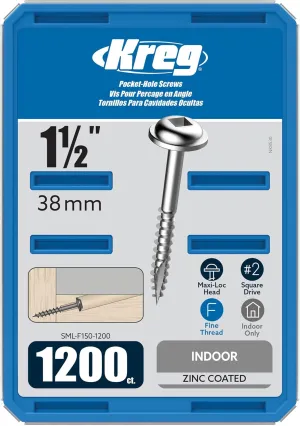 Kreg SML-F150-1200 Zinc Pocket Screws, 1-1/2 Inch #7 Fine Thread, Maxi-Loc Head (1200 Count)