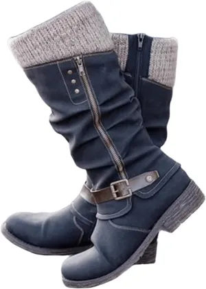 Lausiuoe Boots For Women Low Heel Mid Calf Warm Thermal Outdoor Walking Snow Winter Boots Chunky Side Zip Western Cowboy Boots