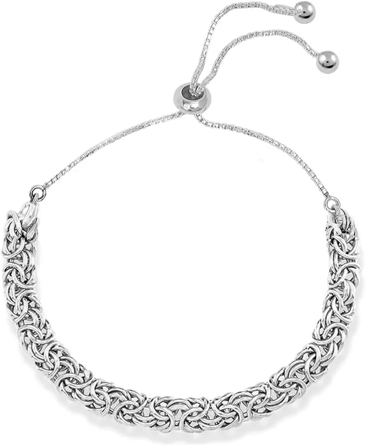 LeCalla 925 Sterling Silver Sliding Bracelet Italian Handmade Byzantine Adjustable Bolo Link Chain Bracelets for Women