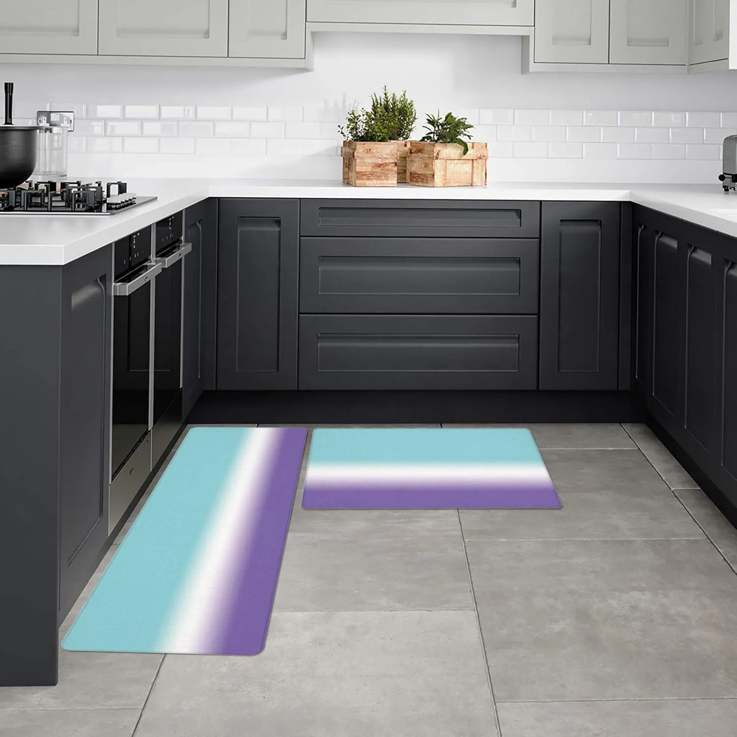 Libaoge Kitchen Mat Rug Set of 2 Gradient Blue Teal to Purple Runner Rug Anti-Fatigue Comfort Memory Foam Standing Mat Non-Slip Floor Door Mat for Bathroom 18x30in 18x60in