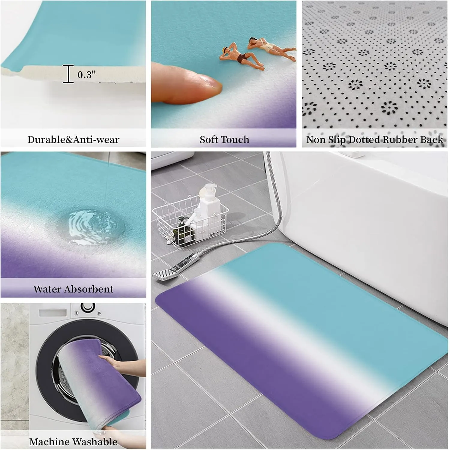 Libaoge Kitchen Mat Rug Set of 2 Gradient Blue Teal to Purple Runner Rug Anti-Fatigue Comfort Memory Foam Standing Mat Non-Slip Floor Door Mat for Bathroom 18x30in 18x60in
