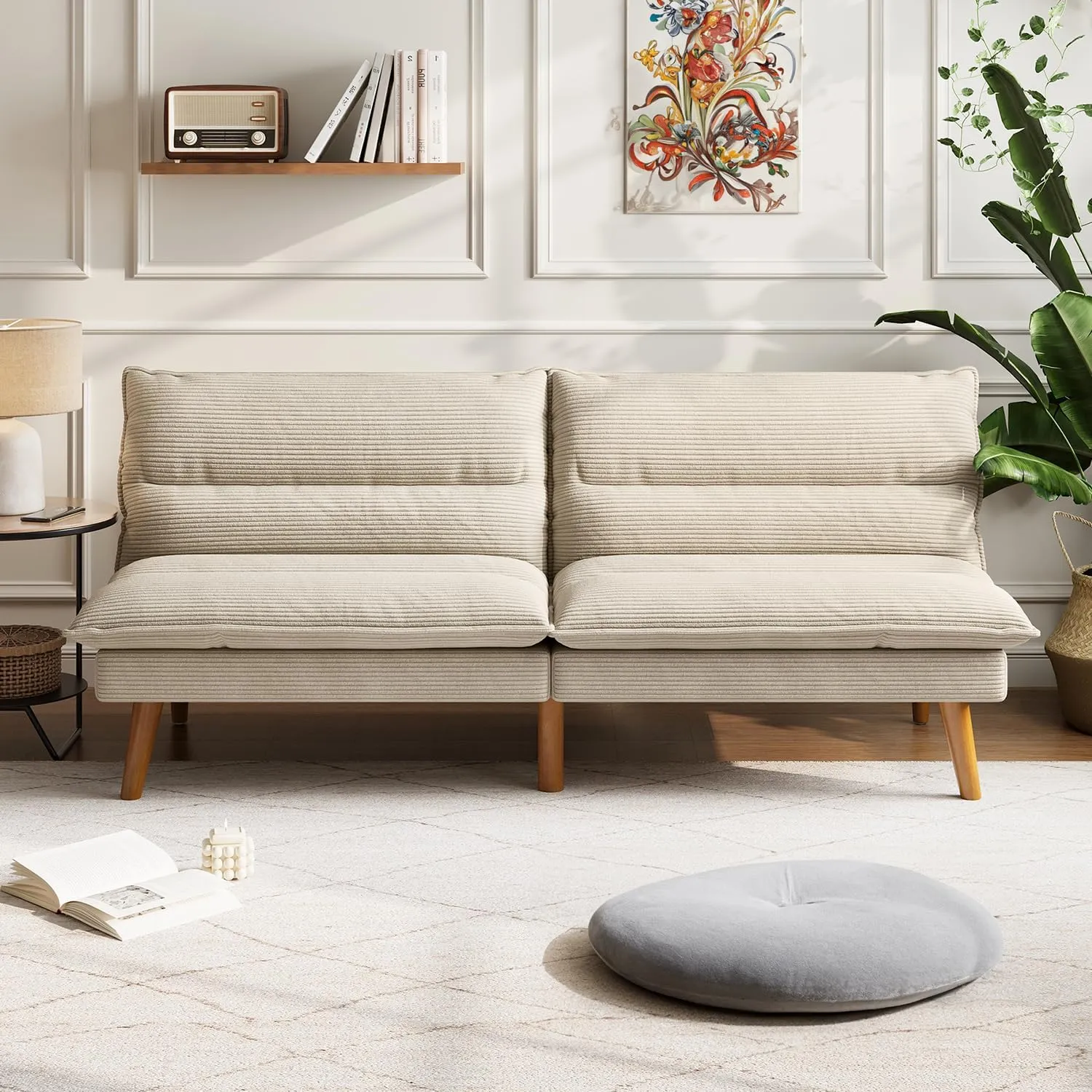 LINSY 71 Inch Futon Sofa Bed Corduroy Futon Couch with Adjustable Backrest, Convertible Folding Futons Sofa Couches for Small Spaces Living Rooms Apartment Office (Beige)