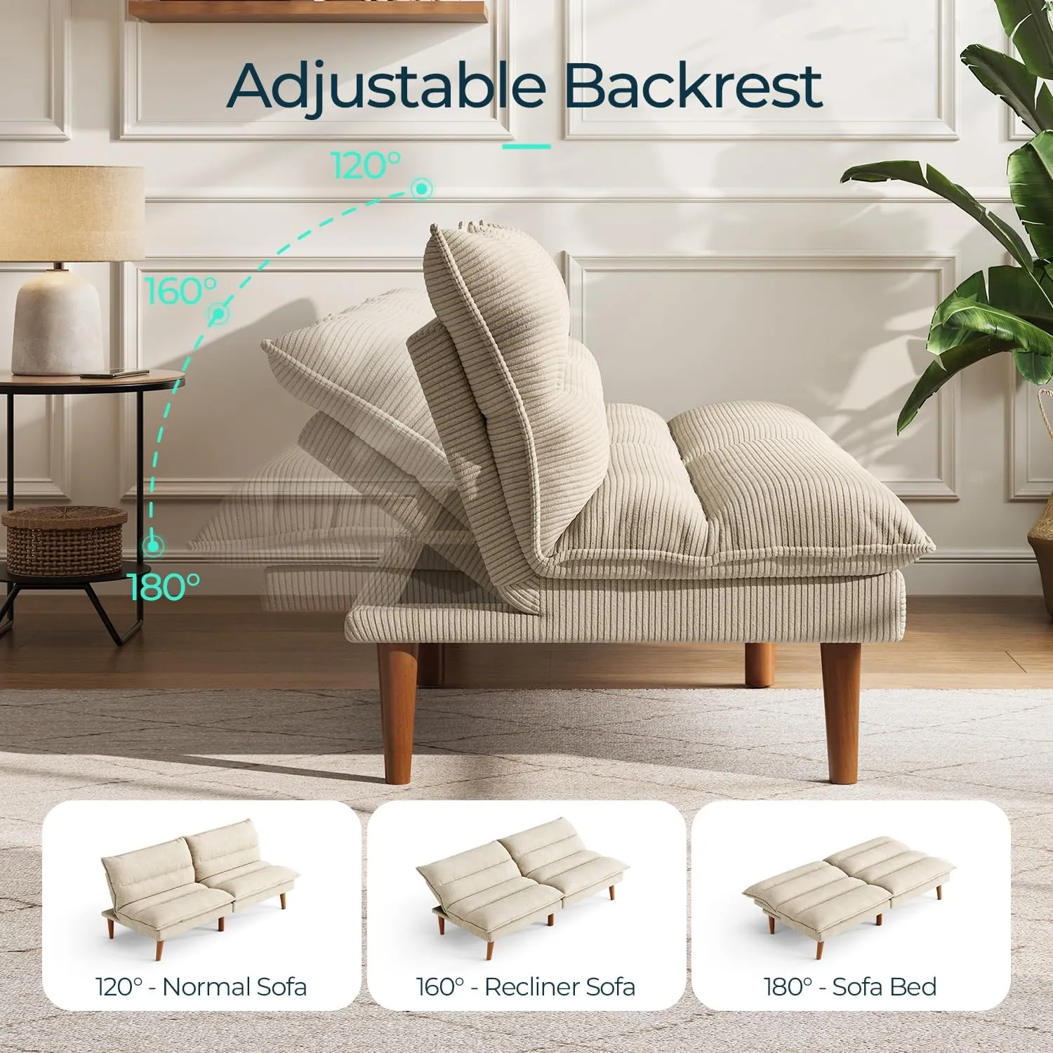 LINSY 71 Inch Futon Sofa Bed Corduroy Futon Couch with Adjustable Backrest, Convertible Folding Futons Sofa Couches for Small Spaces Living Rooms Apartment Office (Beige)