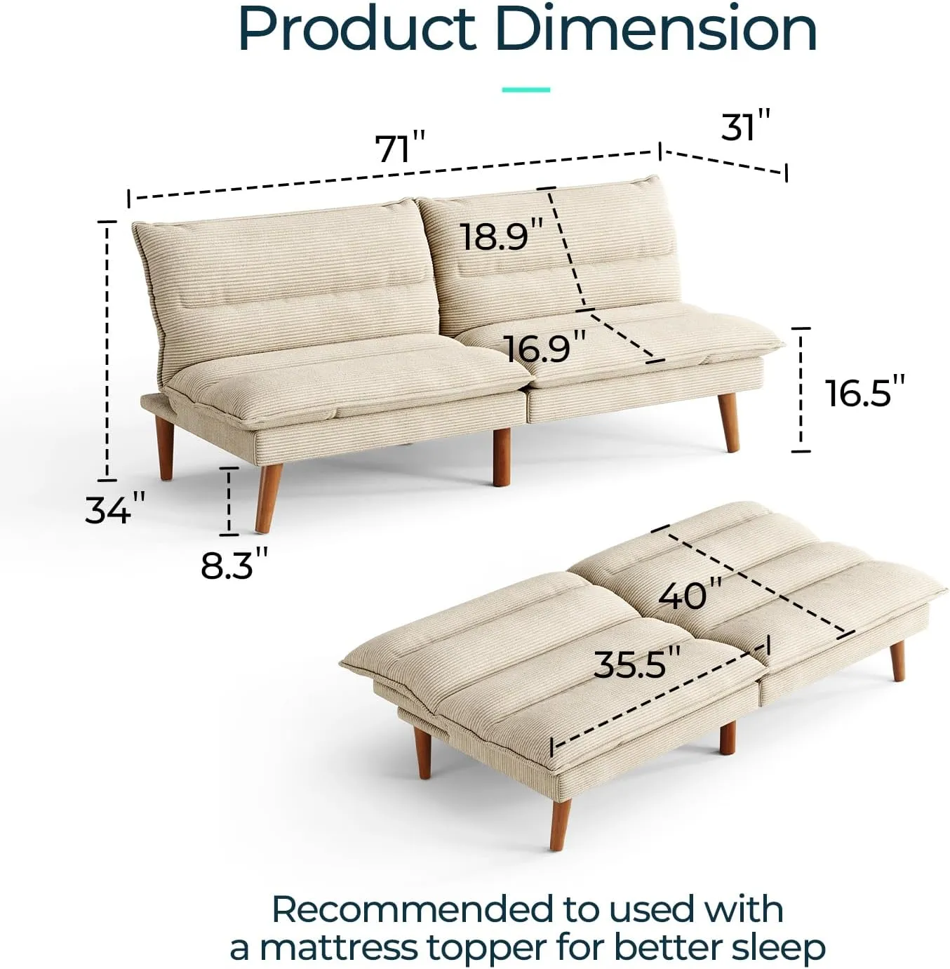 LINSY 71 Inch Futon Sofa Bed Corduroy Futon Couch with Adjustable Backrest, Convertible Folding Futons Sofa Couches for Small Spaces Living Rooms Apartment Office (Beige)